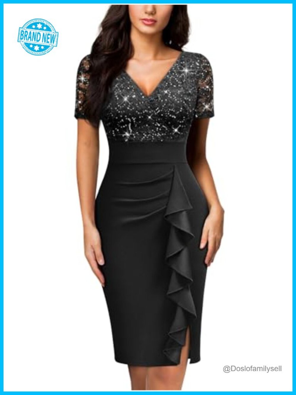 Sequin Lace V-Neck Ruffle Cocktail Party Dress